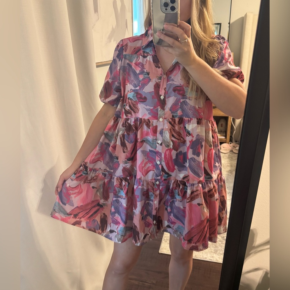 Vibrant Woman’s Button-Up Collar Spring Summer Abstract Floral Dress - Picture 8 of 12